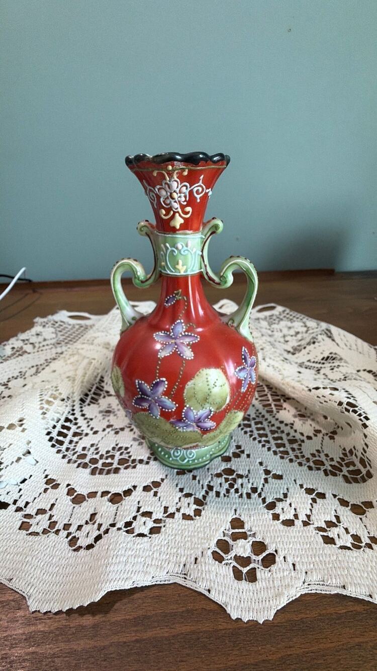antique Japanese Meiji-period moriage ceramic vase with raised floral decoration